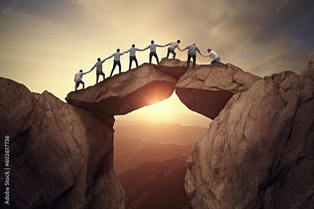 Concept of teamwork with two groups of men, separated by a chasm trying to come together - obrazy, fototapety, plakaty 