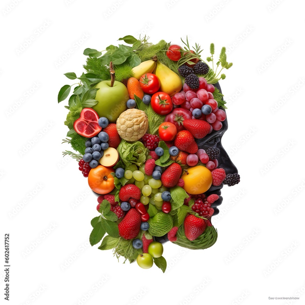 Human head shape illustrated by fruits and vegetables on a white background - part 2