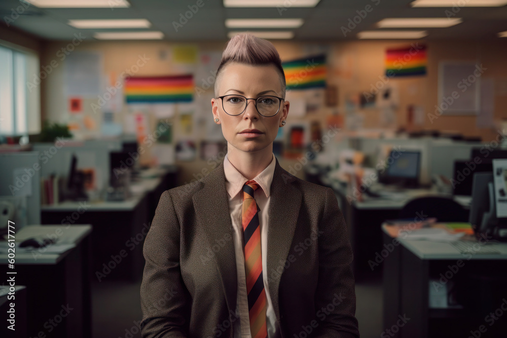 Powerful portrait of office worker, woman, LGBTQ acceptance, generative AI Powerful portrait of office worker, woman, LGBTQ acceptance, generative AI