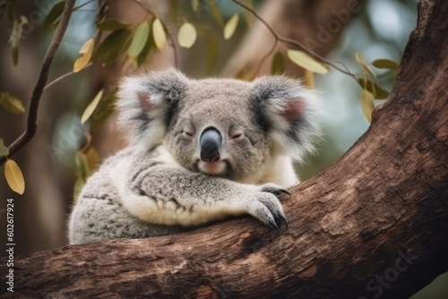 Cute koala napping in a tree with its arms spread wide