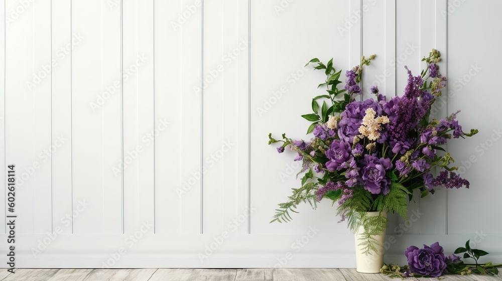 Fototapeta premium Green and purple bouquet of flowers is in front of a white wooden wall with copy space, generative ai beautiful art