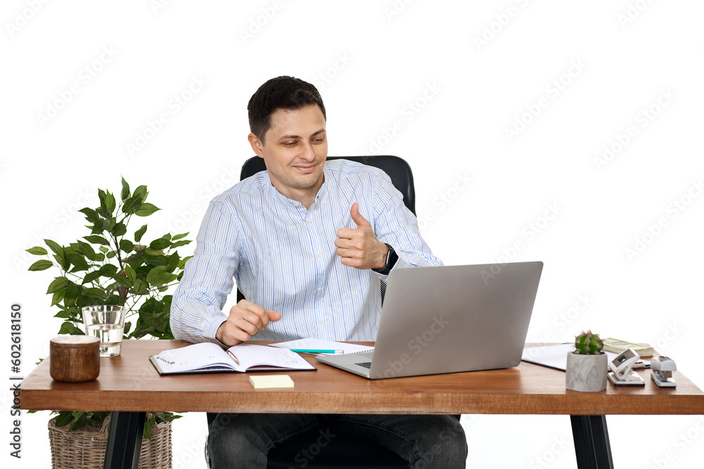 businessman talking at laptop webcam, using laptop businessman talking at laptop webcam, using laptop