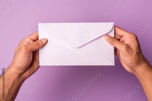 Close-up person holds with two hands a white envelope wedding invitation notice on a purple background, generative ai beautiful art