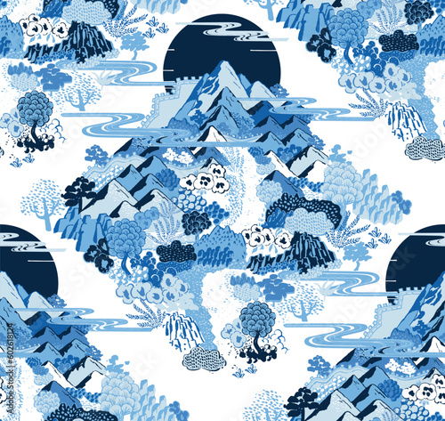 Seamless pattern vector Illustration capturing the poetic beauty of mountain landscapes in Korea	