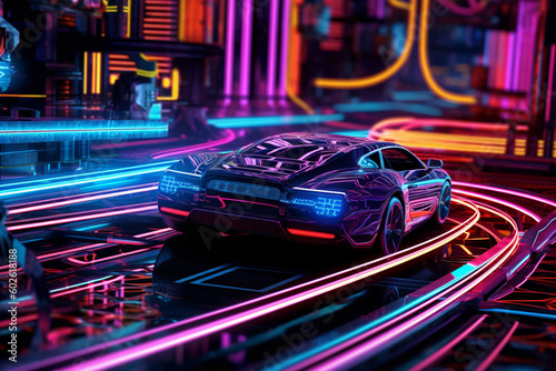 Futuristic car on neon streets