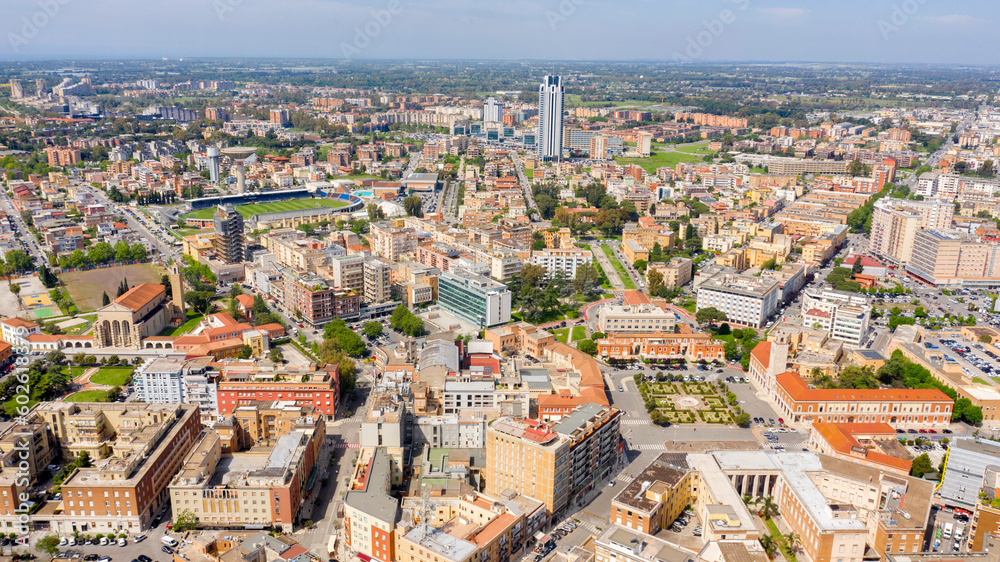 Aerial view of Piazza del Popolo and historical center of Latina, Italy. In background is Domenico Francioni stadium, a football facility.