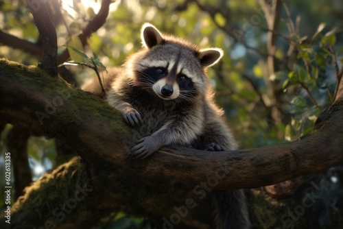 Chubby raccoon lounging on a tree branch