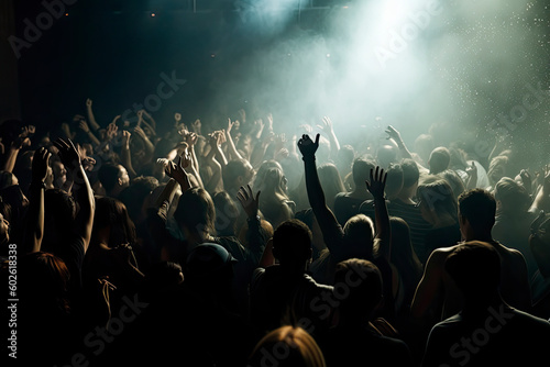 Colorful concert crowd in front of a lit stage inside a concert venue, during a music festival