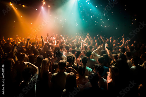 Colorful concert crowd in front of a lit stage inside a concert venue, during a music festival