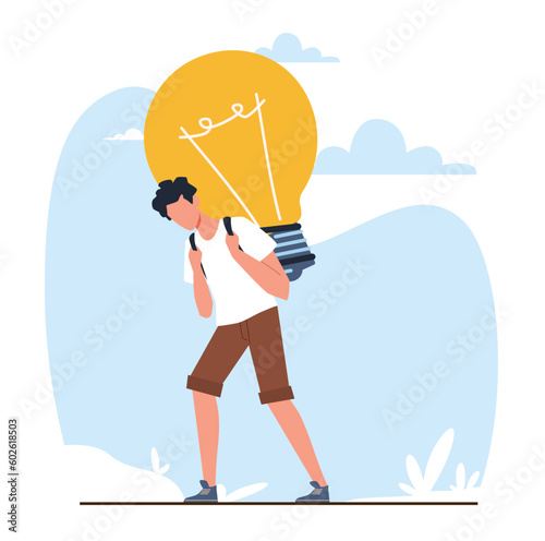 Guy carries heavy light bulb idea as symbol of burden of creative solutions. Art director, business geniuses success, hard working process. Cartoon flat style isolated vector concept