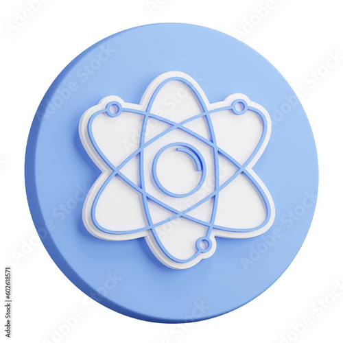 3D rendering of Atom icon. Electrons revolve around proton in orbits. School education in physics. Nuclear power. Realistic blue white PNG illustration isolated on transparent background