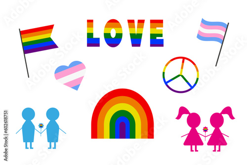 A set of icons for the International Day of LGBT Pride. International Day Against Homophobia Transphobia. Illustrations for LGBT pride month. Rainbow flags, hearts, Homosexual love. Vector.