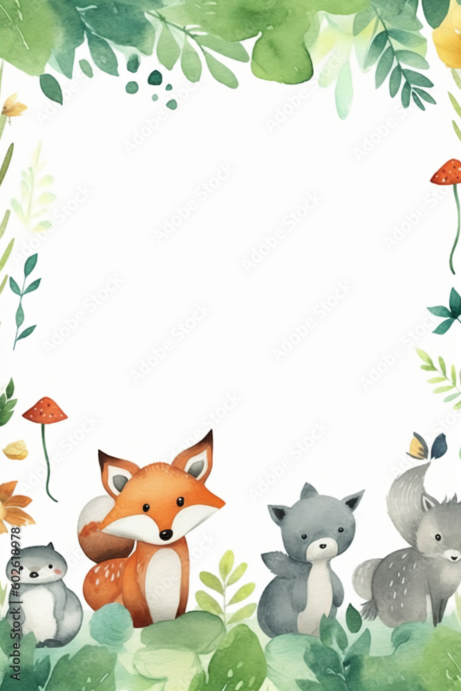 Naklejka premium White background with simple leaves in corner with cute forest animals watercolor style. AI generative
