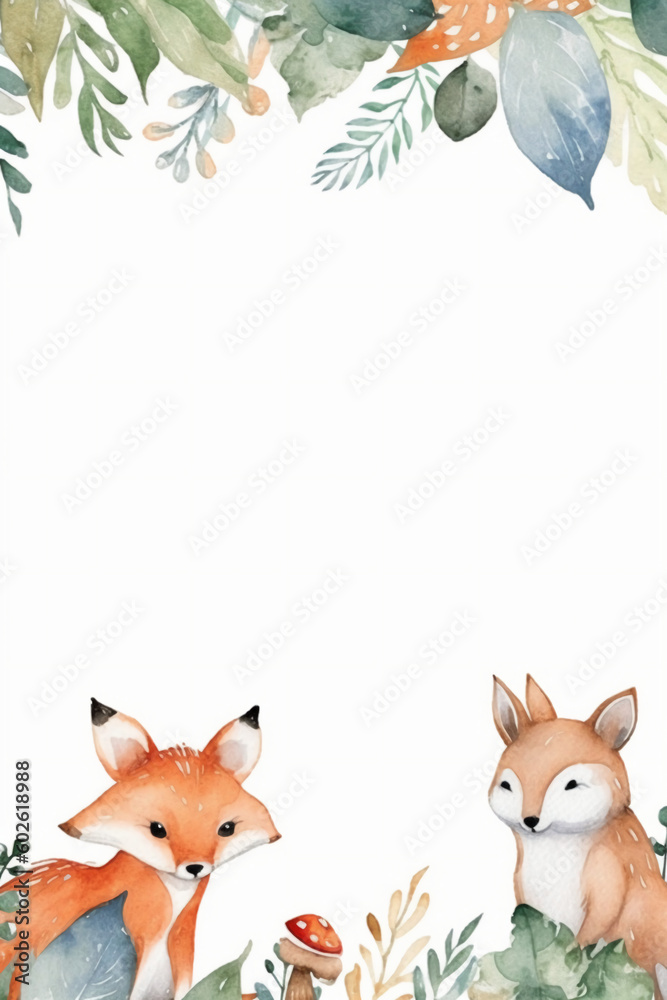 White background with simple leaves in corner with cute forest animals watercolor style. AI generative White background with simple leaves in corner with cute forest animals watercolor style. AI generative