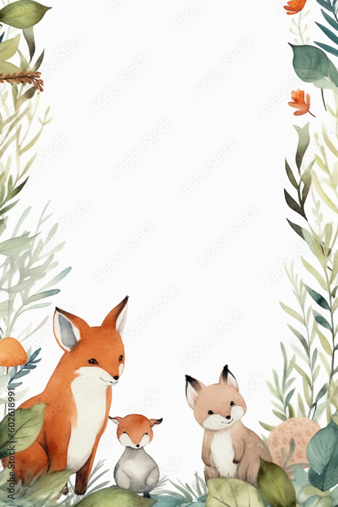 White background with simple leaves in corner with cute forest animals watercolor style. AI generative White background with simple leaves in corner with cute forest animals watercolor style. AI generative