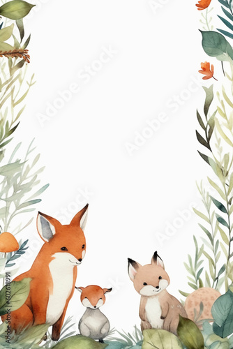 White background with simple leaves in corner with cute forest animals watercolor style. AI generative © SANGHYUN