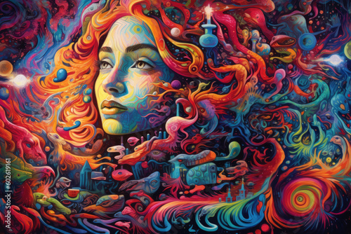 Optical Illusions and Warped Perspectives: Trippy Psychedelic Illustration of a Person - Generative AI