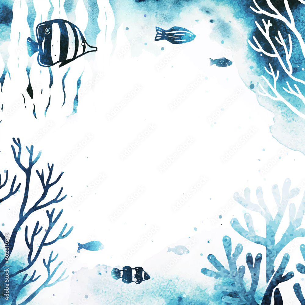 Watercolor vector template with fish seaweed coral reef on white Watercolor vector template with fish seaweed coral reef on white