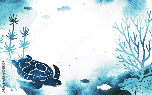 Vector template with fish, turtle and seaweed on white background. Watercolor illustration with underwater nature and marine wildlife. Useful for flyer, list, ad, cover, banner, invitation photo