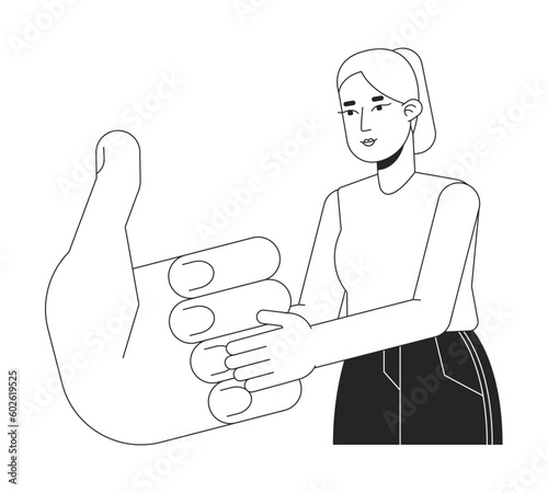 Young caucasian woman giving positive feedback flat line black white vector character. Editable outline half body person. Thumb up simple cartoon isolated spot illustration for web graphic design