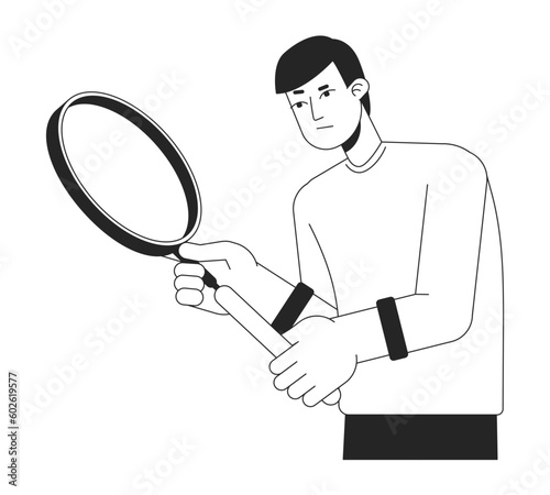 Doubtful caucasian young man holding loupe flat line black white vector character. Editable outline half body person. Male inspector simple cartoon isolated spot illustration for web graphic design