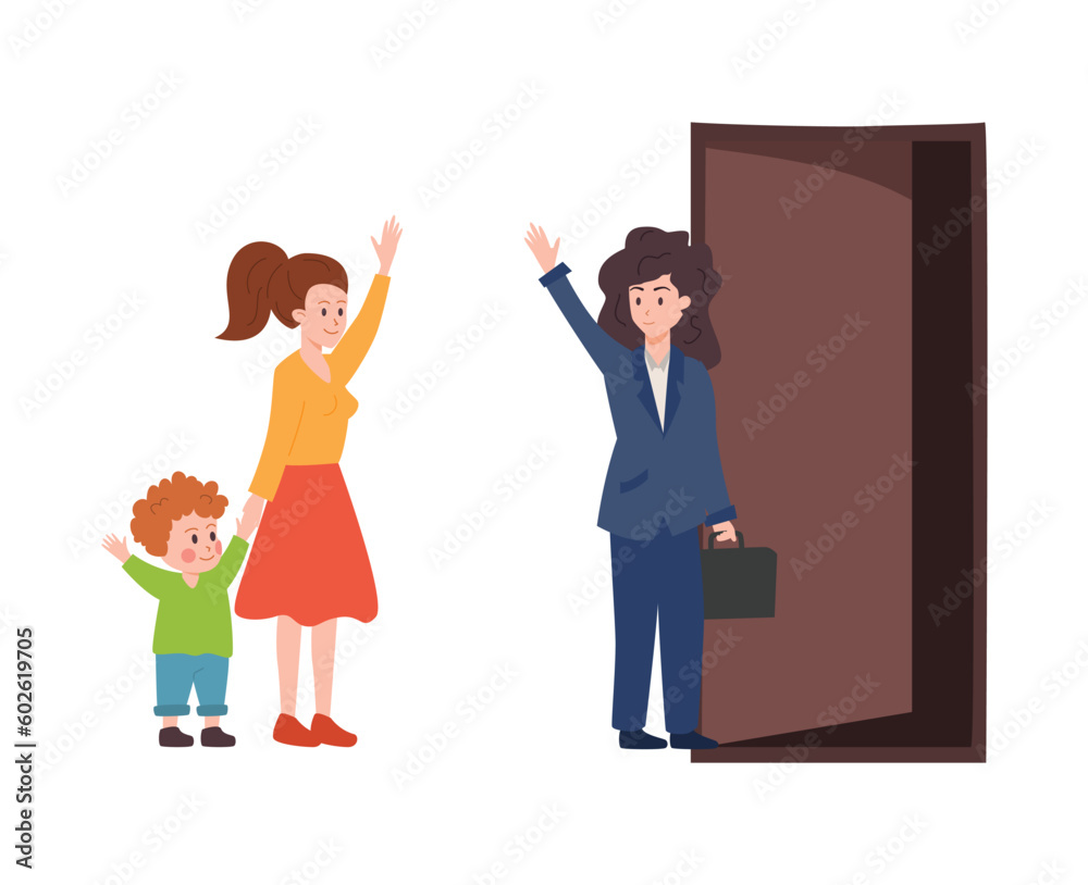 Child stays at home with nanny and says goodbye to mother flat vector isolated. Child stays at home with nanny and says goodbye to mother flat vector isolated.