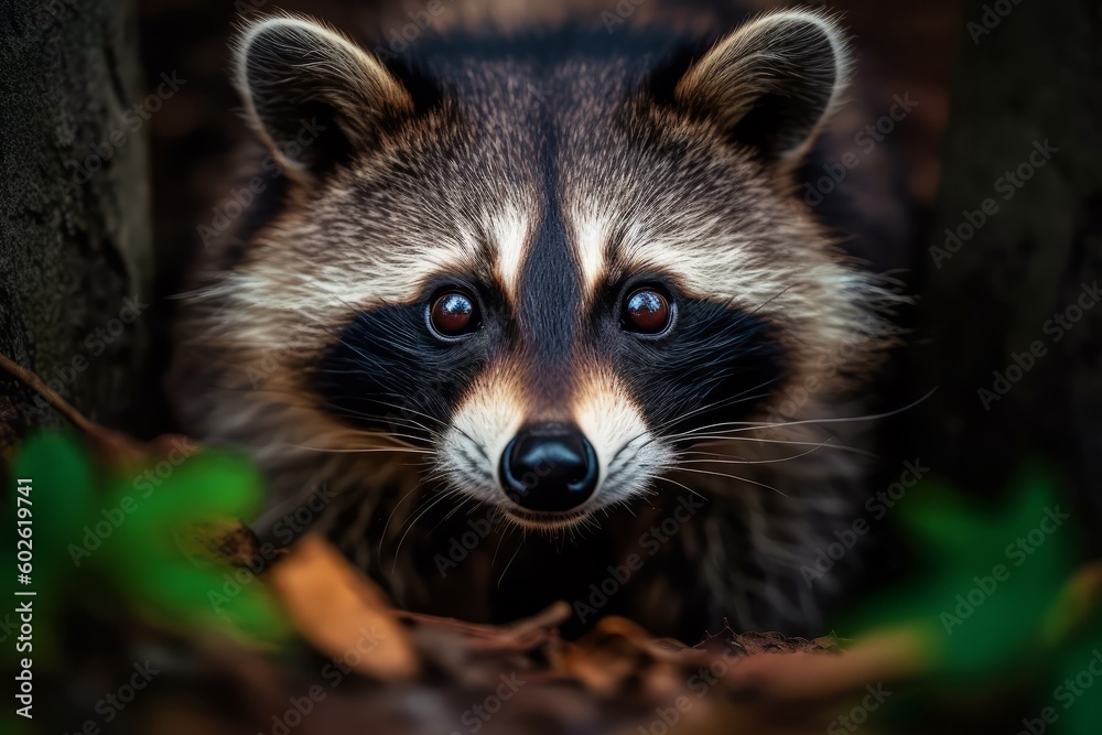 Curious raccoon peering into the camera