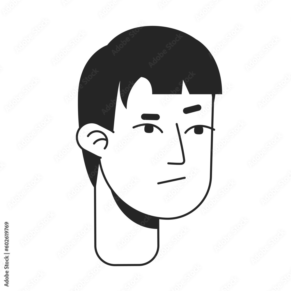 Disappointed male monochrome flat linear character head. Grumpy displeased asian man. Editable outline hand drawn human face icon. 2D cartoon spot vector avatar illustration for animation Disappointed male monochrome flat linear character head. Grumpy displeased asian man. Editable outline hand drawn human face icon. 2D cartoon spot vector avatar illustration for animation