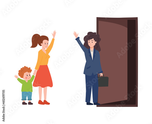 Child stays at home with nanny and says goodbye to mother flat vector isolated.