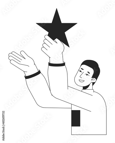 Male customer giving star flat line black white vector character. Editable outline half body person. Guy holding star. Feedback simple cartoon isolated spot illustration for web graphic design