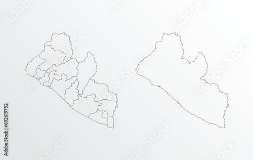 Black Outline vector Map of Liberia with regions on white background