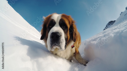 Portrait of a Saint Bernard dog looking for something in the snow. Generative AI photo