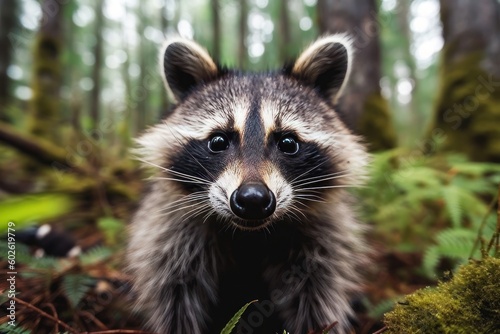 Curious raccoon peering into the camera