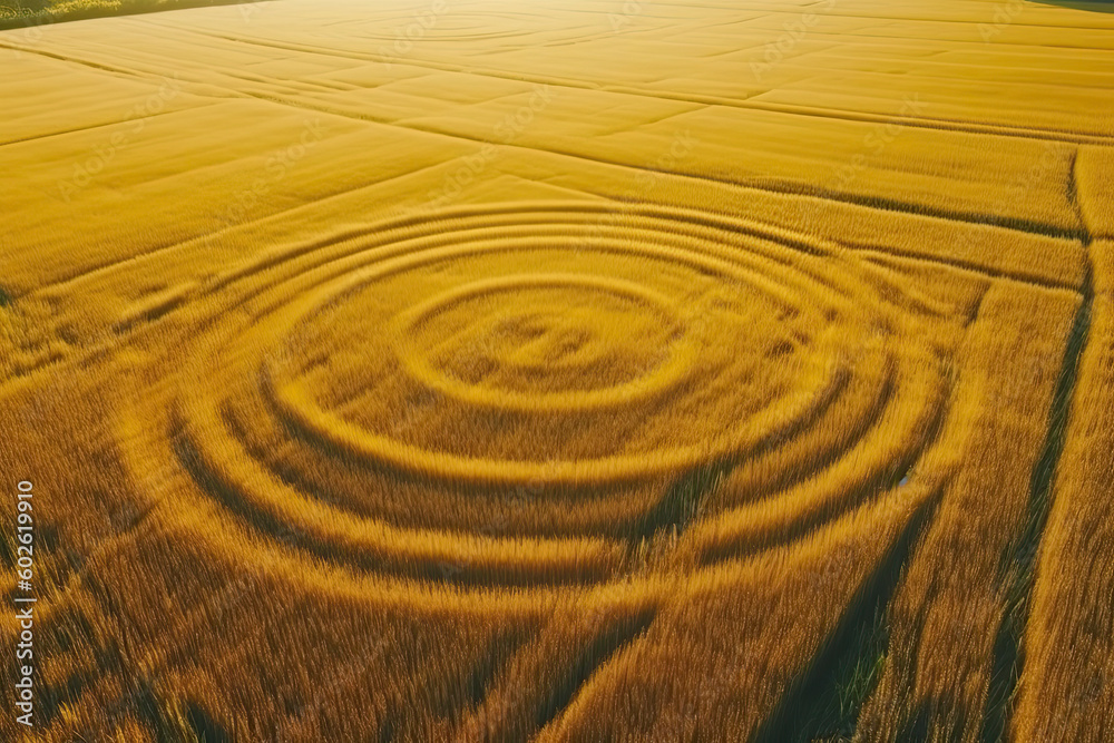 Naklejka premium Fake UFO circles on grain crop yellow field, aerial view from drone