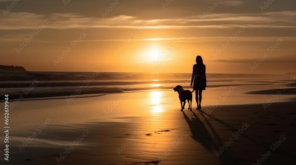 A silhouette of a dog and its owner walking on the beach at sunset. Generative AI