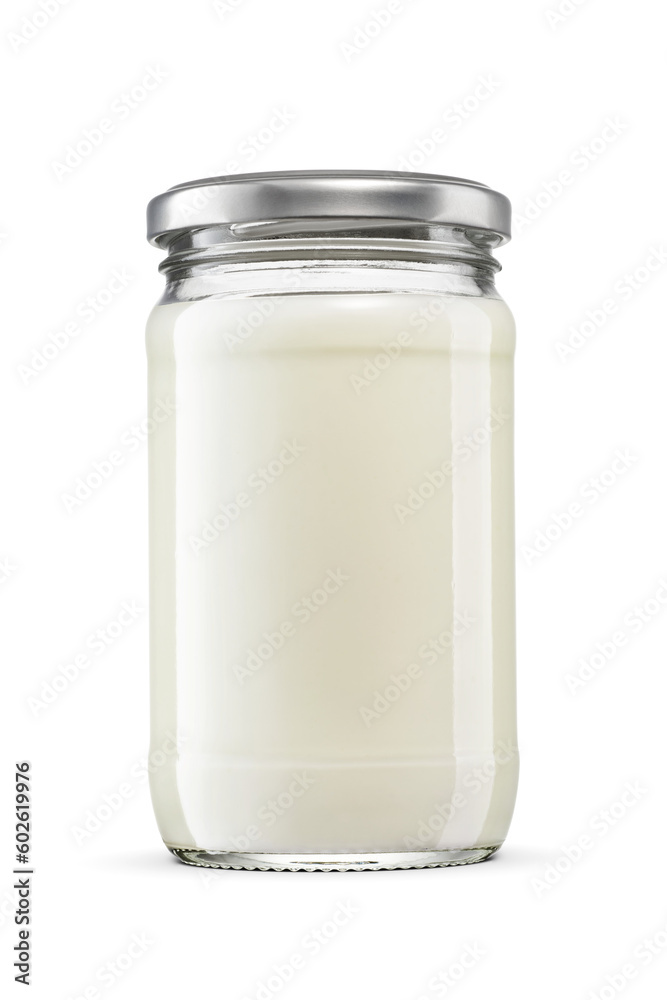 Mayonnaise sauce or dressing in glass jar isolated. Twist off metal screw lid. Transparent PNG image. Mayonnaise sauce or dressing in glass jar isolated. Twist off metal screw lid. Transparent PNG image.
