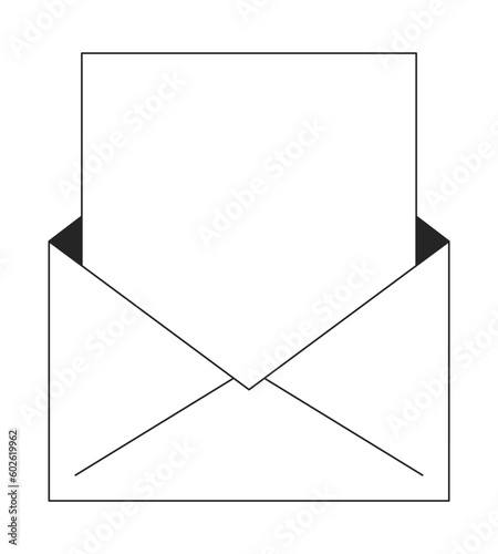 Open envelope with white blank card flat isolated outline vector object. Invitation mail. Editable black and white line art drawing. Simple monochrome spot illustration for web graphic design