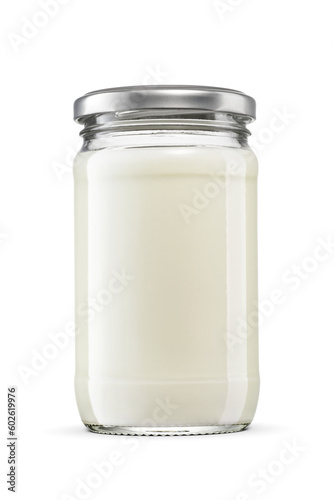 Mayonnaise sauce or dressing in glass jar isolated. Twist off metal screw lid. Transparent PNG image.