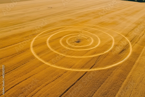 Fake UFO circles on grain crop yellow field, aerial view from drone © rufous