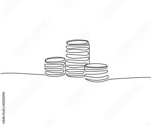 Three stacks of coins of different heights, cents, kopecks, pennies one line art. Continuous line drawing of bank, money, finance, financial, payment, data, savings, economic, wealth, credit