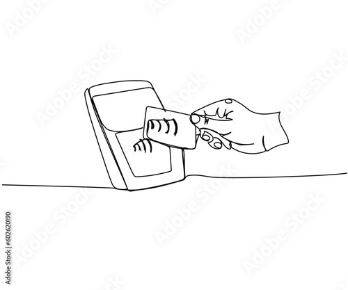 Contactless fare payment, Cashless Payment Terminal, fare payment terminal one line art. Continuous line drawing of bank, money, finance, financial, payment, data, savings, economic, wealth, credit