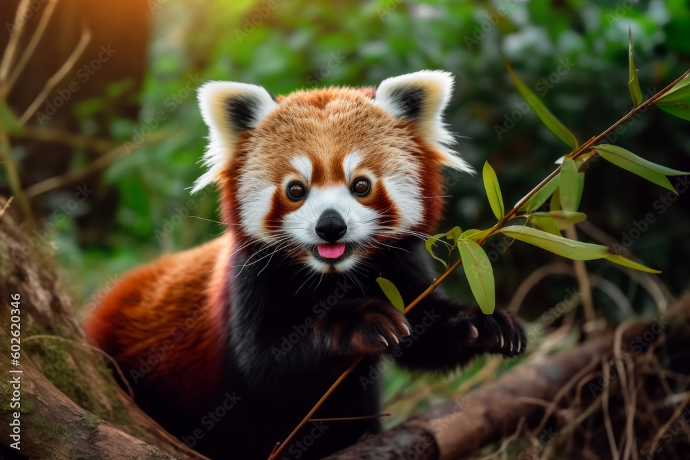 Naklejka premium Red panda snacking on bamboo