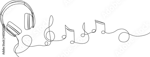 continuous single line drawing of stereo headphones and sheet music musical notes, listening to music concept line art vector illustration