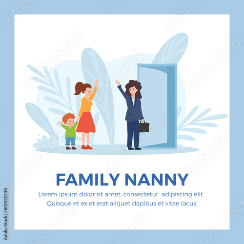 Family nanny banner with child stays at home with nanny, vector illustration.