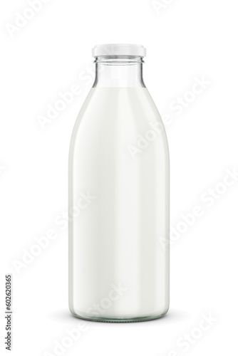Glass bottle of milk isolated. Twist off metal screw cap, no label. 3D rendering. Transparent PNG image