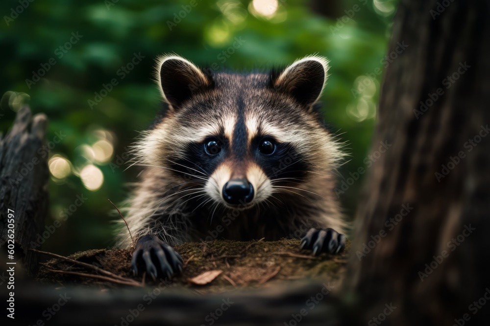 Curious raccoon peering into the camera