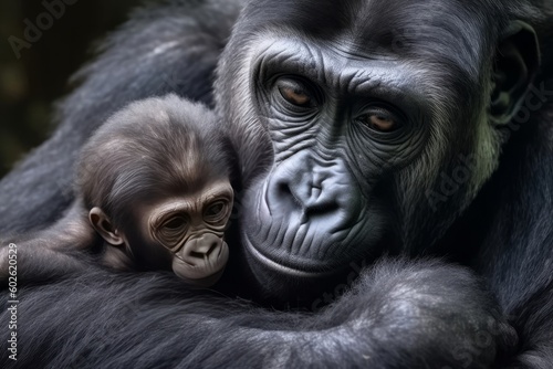 Gorilla mother cuddling her baby