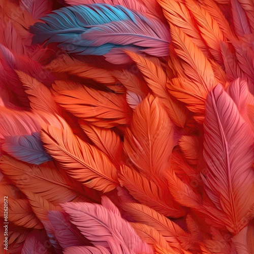 Very Detailed Feathers Pastel Red Pink Orange Tones Tile Seamless Background. Generative AI © Ян Заболотний