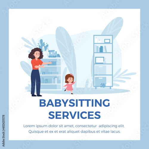Nanny and babysitting service banner or poster flat vector illustration.