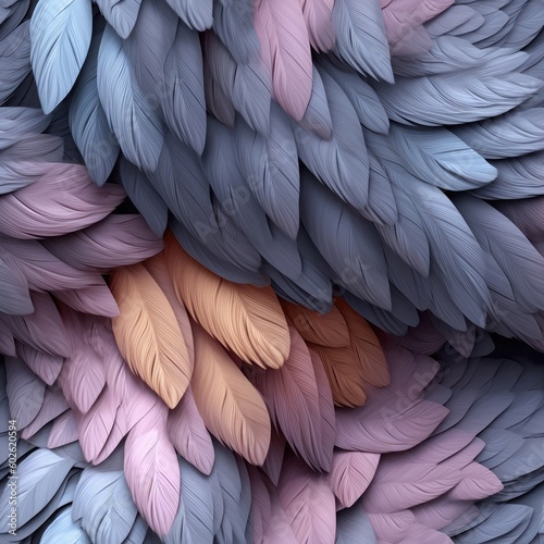 Very Detailed Feathers Pastel Gray Tones Tile Seamless Background. Generative AI © Ян Заболотний